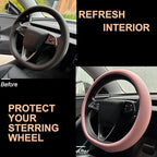 PINCTROT Nappa Leather Steering Wheel Cover for Tesla Model Y/3 Highland/Juniper, D Shaped 14 Inch Small Sized with Breathabl
