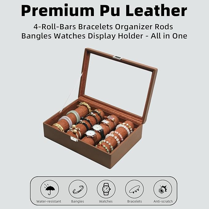 Bracelets Organizer Rods Bangles Display Holder, Clear See through Lid Leather Velvet Jewelry Storage Box Case for Women, 4 R