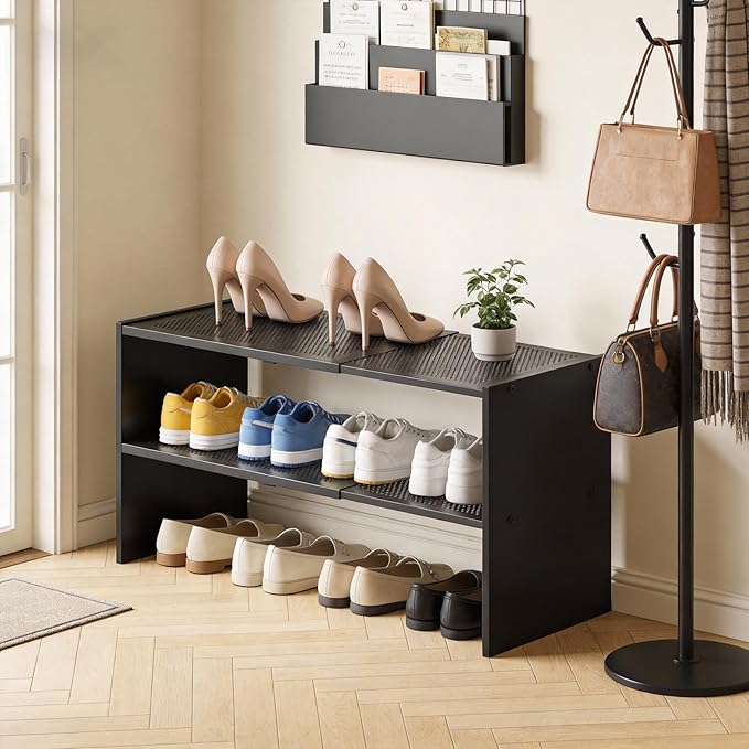 YATINEY Expandable Shoe Rack, 2-Tier Adjustable Entryway Shoe Organizer, Stackable Closet Shoe Rack for Small Space, Compact 