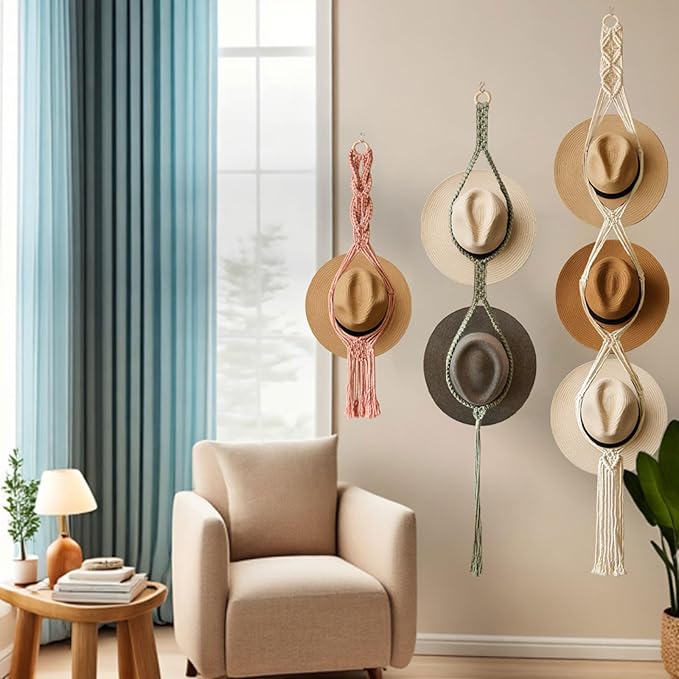 Boho Hat Organizer Rack, Macrame Hat Hanger, Handmade Hat Holder for Wall Hanging, Hat Storage for Wide-Brim Hats, Bohemian H