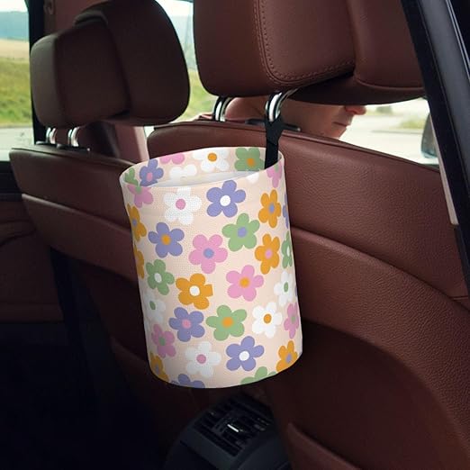 Cute Flowers Floral Car Trash Can Collapsible Garbage Can,Hanging Trash Bag Water Proof with Suitable for Storage for Car Interiors,Home