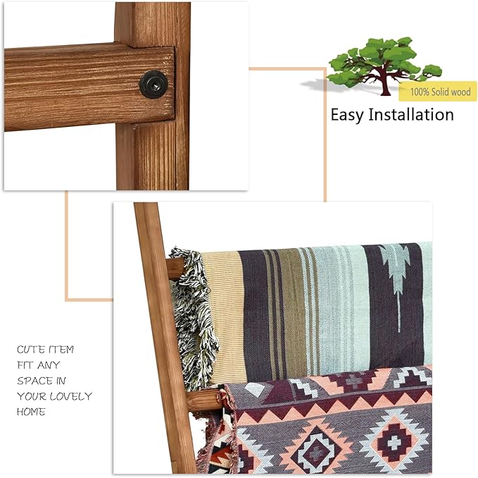FUIN Extra Wide 6.4ft Wooden Blanket Ladder Living Room Decorative Wal Leaning Farmhouse Quilt Display Holder Rustic Wood Tow