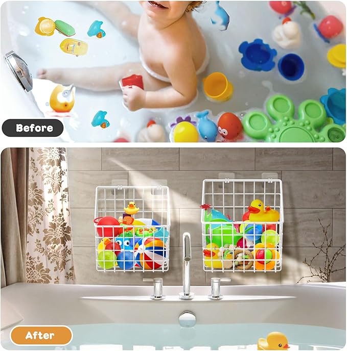 2 Pack Bath Toy Storage Organizer Basket, Large Metal Bathtub Toy Holder, Wall Mounted Hanging Shower Basket, Bath Toy Organi
