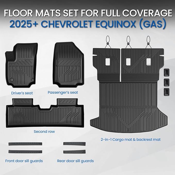 Floor Mats & Cargo Mat with Backrest Mat for 2025-2026 Chevy Equinox(Only Gas)/GMC Terrain, Door Sill Guards, All Weather TPE Car Floor Liners Trunk Mat Accessories for Chevrolet Equinox