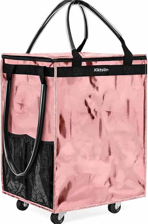 (Medium, Rose Gold) Reusable Grocery Bag on 4 Wheels, Foldable Rolling Tote Carries Up to 66lb Shopping Trolley, Rolling Bag with 3 Handles, Zipper Clouser Rolling Tote Bag with Wheels for Laundry