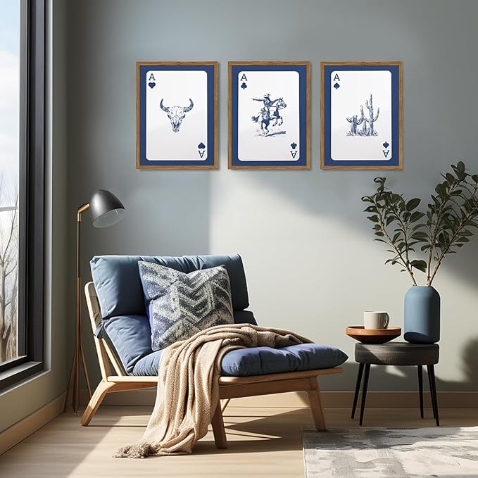 Western Wall Art Set of 3, Blue Cowboy Wall Decor Trendy Southwestern Playing Card Longhorn Bull Skull Poster Canvas Aestheti