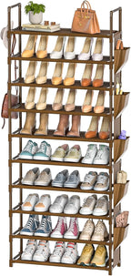 LUKYTOWER Tall Shoe Rack - 10 Tier Organizer for Closet, 30-35 Pairs, Large Capacity with 5 Hooks and Side Pocket, Sturdy Met
