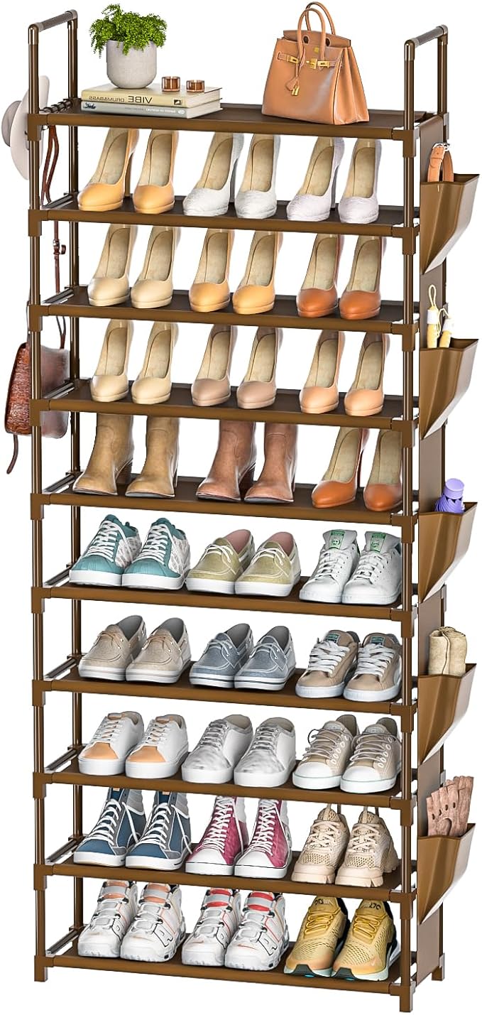 LUKYTOWER Tall Shoe Rack - 10 Tier Organizer for Closet, 30-35 Pairs, Large Capacity with 5 Hooks and Side Pocket, Sturdy Met