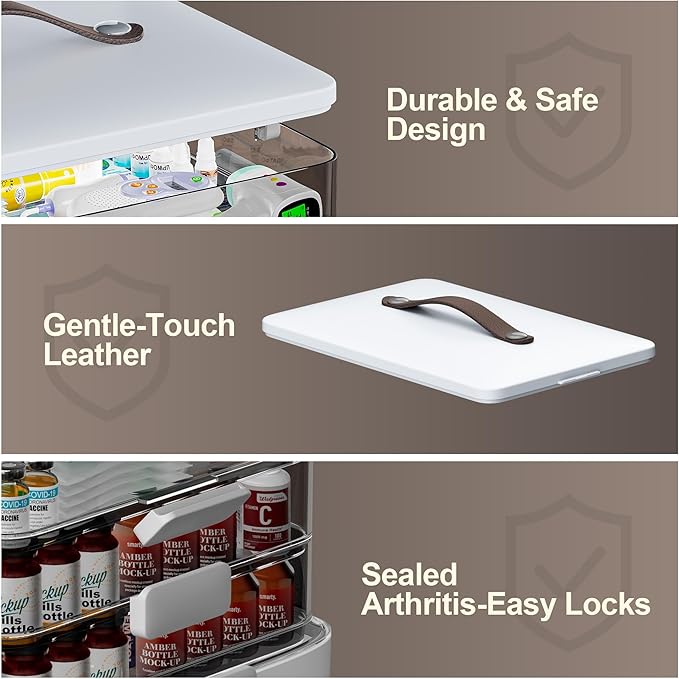 CTIME 4-Tier XL Medicine Organizer with Leather Handle - Portable Pill Case & Empty First Aid Kit for Home, Travel, RV, Schoo