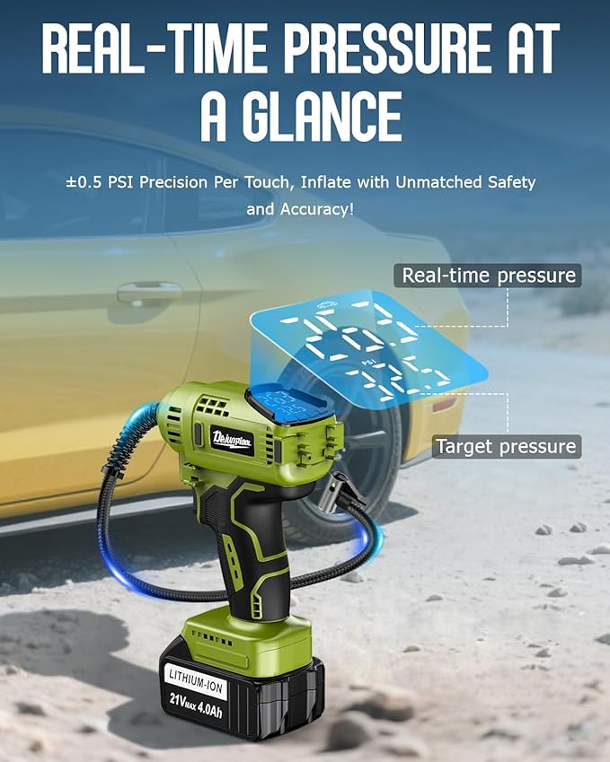 TREE.NB Cordless Tire Inflator Portable Air Compressor with 2 21V Battery Powered Air Pump Portable Tire Inflator for Car 150PSI with Dual Power Supply Modes, LED Light