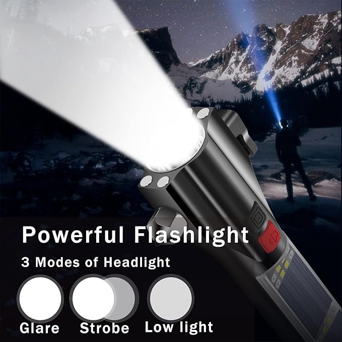 All-in-1 Car Safety Hammer, Multi-Function Emergency Escape Hammer with Window Breaker and Seatbelt Cutter, Mobile Power, LED