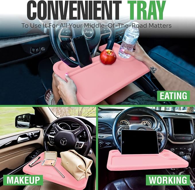 lebogner Steering Wheel Tray, Car Tray for Eating, Hook On Steering Wheel Desk for Food, Laptop and Car Accessories, Car Road Trip Must Haves Gadgets Car Table (Light Pink, with Tablet Slot)