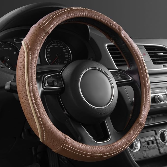 CAR PASS Brown Delux Leather Steering Wheel Cover, Universal Fit for Suvs,Sedans,Vans,Small Trucks for 14.5" to 15"(Brown & B