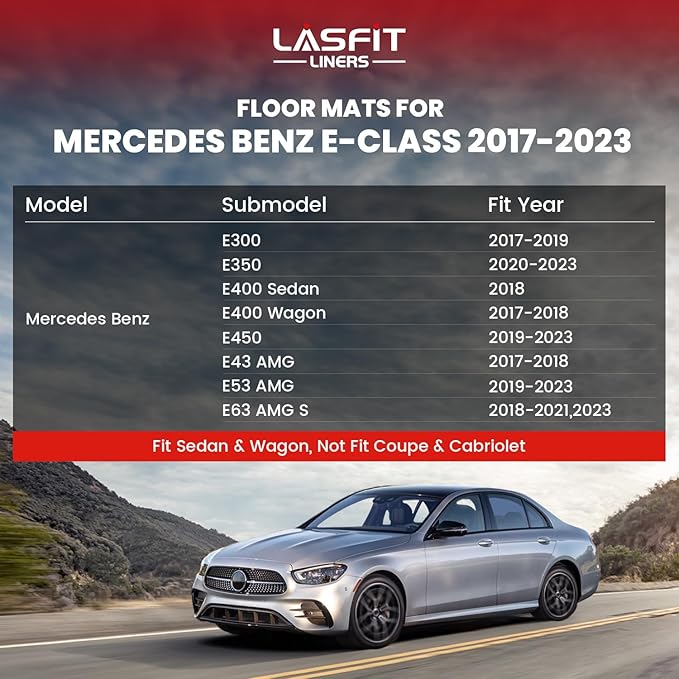 LASFIT Floor Mats for Mercedes Benz E Class 2017-2023 E300 / E350 / E400 / E450/ E43 AMG / E53 AMG / E63 AMG S (Fit Sedan & Wagon Only), All Weather TPE Floor Liners for E Class, 1st & 2nd Row