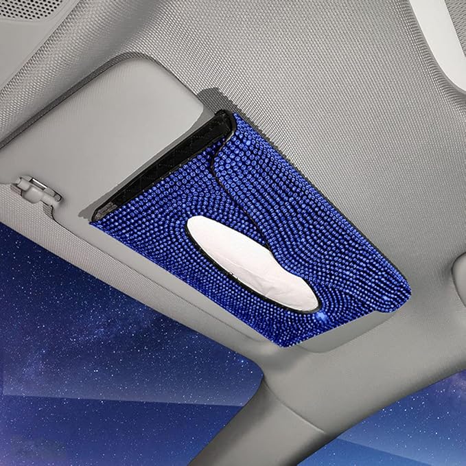 Bling Car Sun Visor Tissue Box Holder Pure Hand-Made Sparkling Crystal Auto Napkin Holder PU Leather Backseat Tissue Case for Women (Blue)