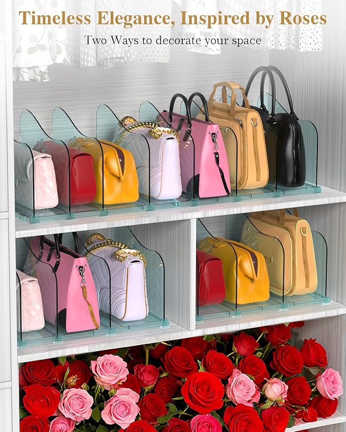 SURETIVIAN Rose Purse Dividers for Closet, 2 Pack Clear Clutch Purse Closet Organizers, Adjustable Handbag Storage Organizers
