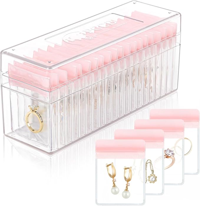 HOMEHIVE Acrylic Jewelry Box Organizer, Clear Jewelry Organizer Holder with 20 Portable Anti Tarnish Jewelry bags, Travel Jew