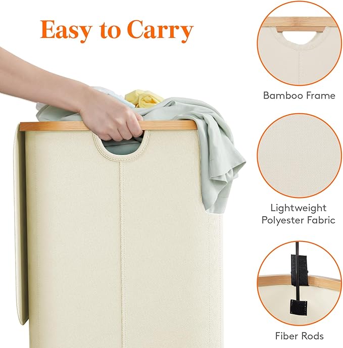 Lifewit 150L Laundry Basket with Lid, Clothes Hampers for Laundry with Bamboo Handles and 2 Removable Bag, Large Foldable Lau