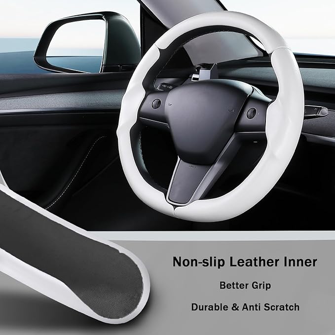 Steering Wheel Cover for 2017-2023 Tesla Model 3 2020-2024 Tesla Model Y, Leather Steering Wheel Cover for Tesla Model 3/Y Accessories, White
