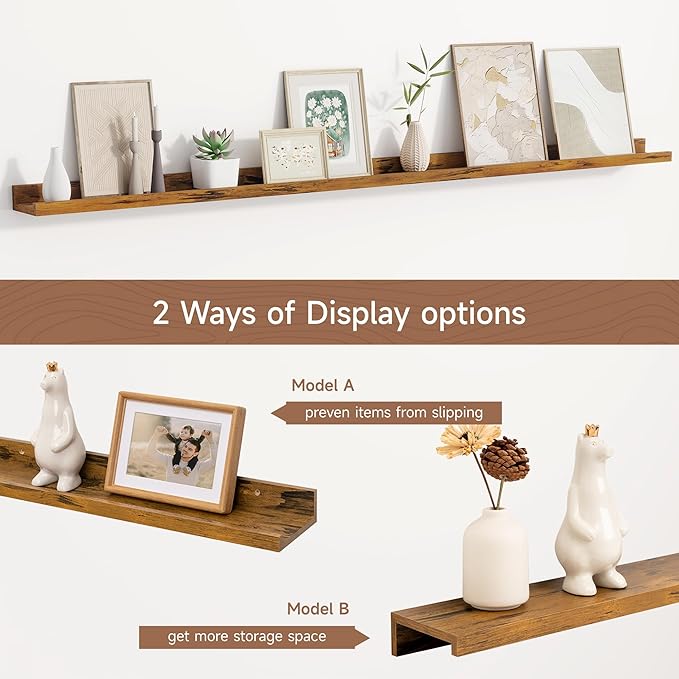 Fun Memories Picture Ledge Shelf, 60 Inch Floating Shelves Set of 2, Large Book Shelves for Toys Storage, Kids Bookshelf Wall