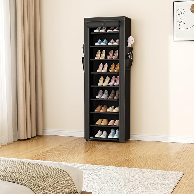 LANTEFUL Narrow Shoe Rack with Cover 10 Tier Tall Shoe Rack Organizer Large Capacity Shoe Shelf Storage 18-22 Pairs Space Sav