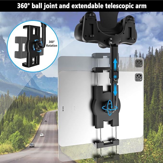 Car Rearview Mirror Tablet Mount, Truck Rear View Mirror Tablet Phone Holder Bracket with Adjustable Arm [Rotatable 360° & Retractable] for iPad Air Mini, Galaxy, Fire, iPhone, 4-11"