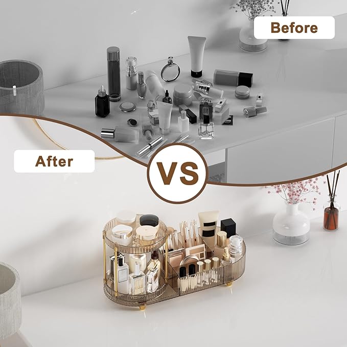Makeup Organizer Countertop with 360 Rotating Perfume Trays, 7-Divider Vanity Skincare Organizers, Make Up Desk Organization 