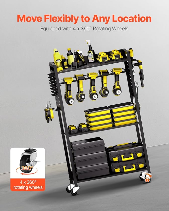 VEVOR 4-Tier Tool Organizer Cart, 150 lbs Load Capacity, Floor Stand Rolling Drill Holder and Stability Storage Rack, Heavy D