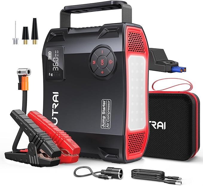 UTRAI Jump Starter with Air Compressor, 7000A 27000mAh Car Starter Jump Box with 150PSI Tire Inflator, Portable Jump Pack (All Gas/10L Diesel), DC160W, QC3.0 Jumper Cables, 1600LM Light