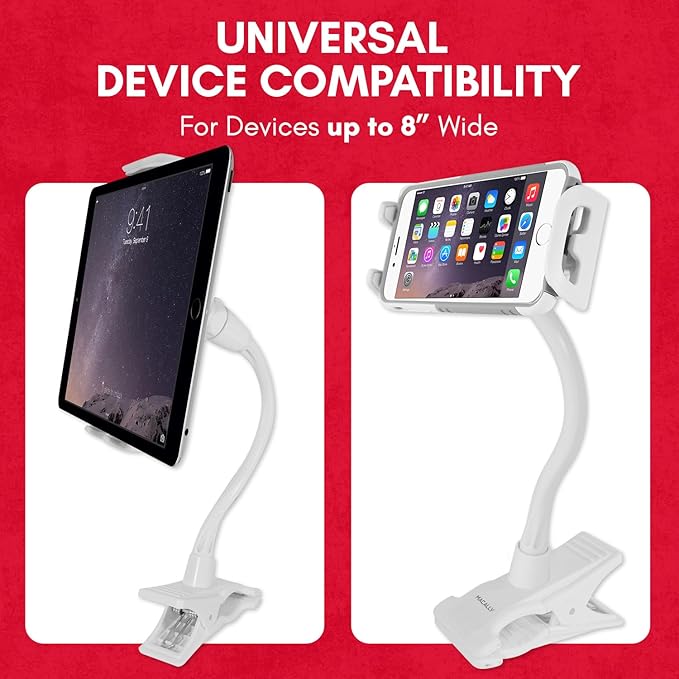 Macally Clip On Tablet Holder | Gooseneck iPad Holder for Bed, Stroller, Airplane, Desk (Universal Tablet Compatibility) Strong and Secure iPad Arm Mount, Tablet Clamp Mount, Kindle Holder