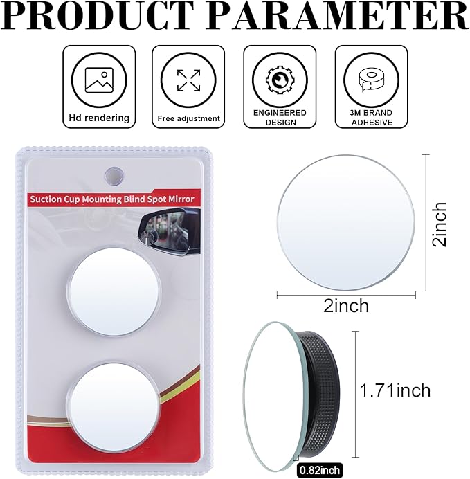 LivTee Blind Spot Car Mirror, 2" Round HD Glass Frameless Convex Side Mirror Blindspot, Reusable 360° Wide Angle Rear View Car Mirrors with Powerful Adjustable Suction Cup - Exterior Mirrors