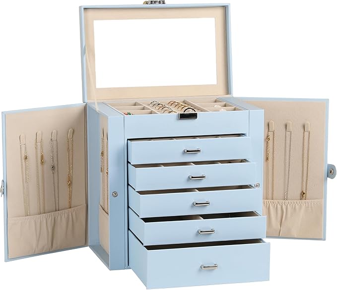 Frebeauty Large Jewelry Box,6-Tier PU Leather Jewelry Organizer,Multi-functional Storage Case with Mirror,Accessories Holder 