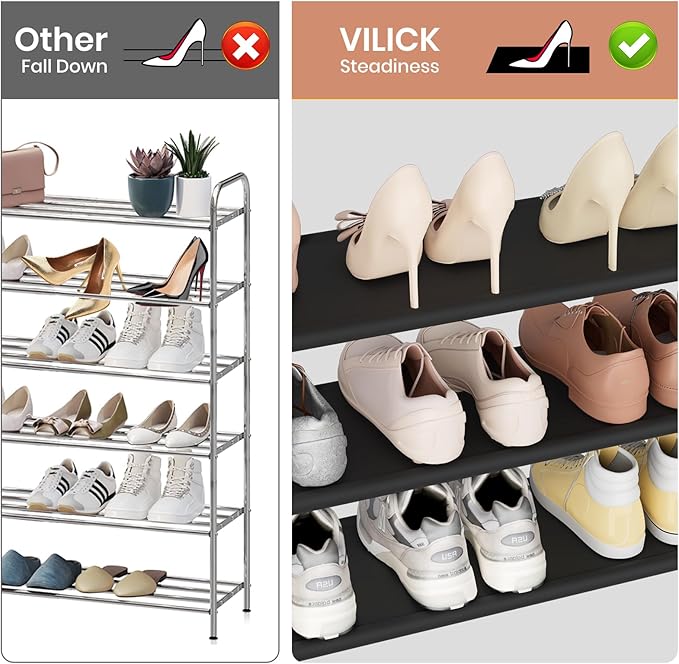 VILICK Shoe Rack for Closet Shoe Organizer Space Saver Storage for 12-15 Pair Shoe Shelf with Hook Free Standing 3 Tier Shoe 