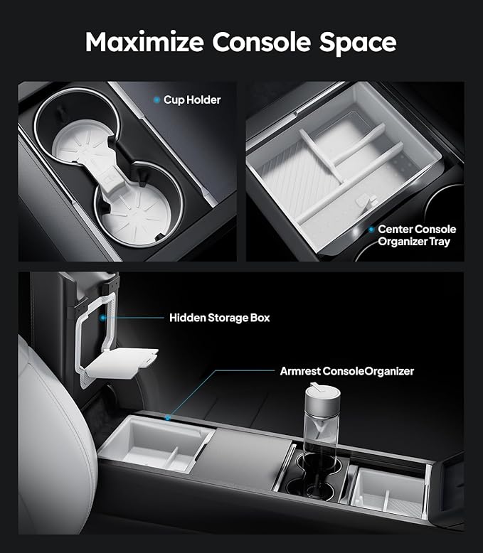 Wigoo Center Console Organizer for Tesla Model Y Juniper (Only Premium & Performance 2025 2026) and All Model 3 Highland Accessories [Double-Layer Storage, Smooth Sliding] 4PCS White