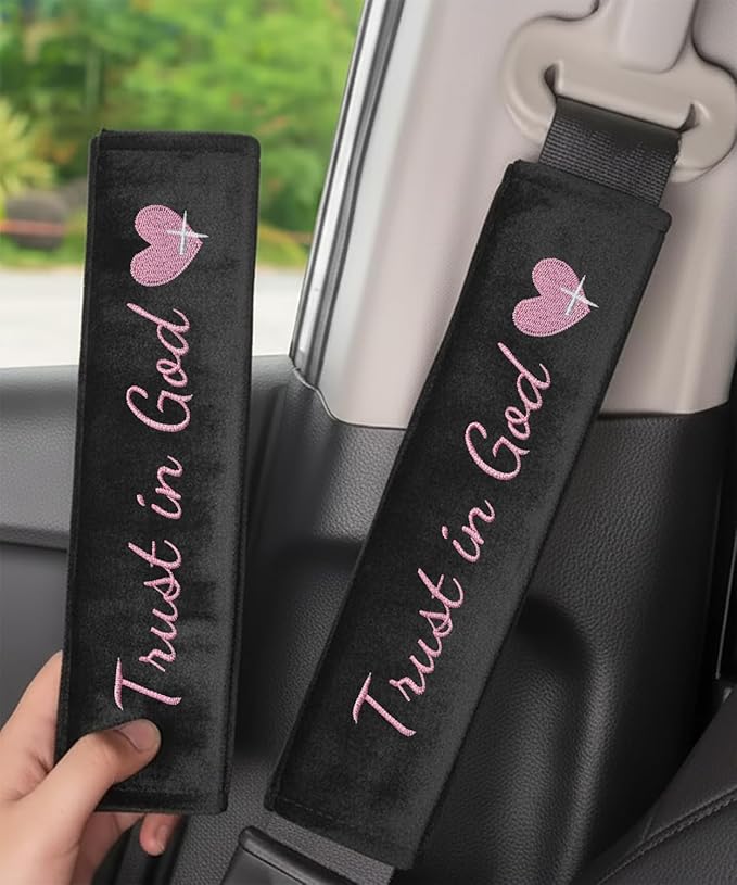 2 Pack Car Seatbelt Covers with 3 PCS Trust in God Rearview Mirror Stickers，Soft Seatbelt Cushion，All Season Pink Christian Car Accessories for Women