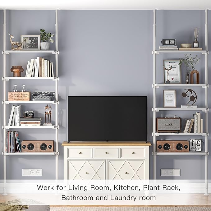 ALLZONE 5 Tiers Narrow Bookshelf, Tall Adjustable Ladder Book Shelf with Open Storage, Floor to Ceiling Tension Mount, Wooden