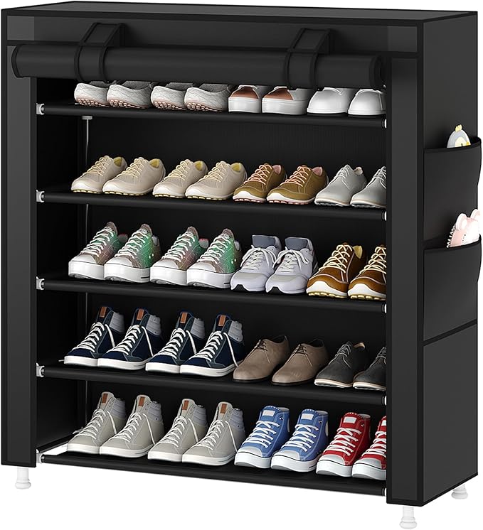 Laiensia 5-Tier Vertical Shoe Rack Organizer, Space Saving Shoe Storage Organizer, Non-Woven Cover Shoe Shelf Holds 20-25 Pai