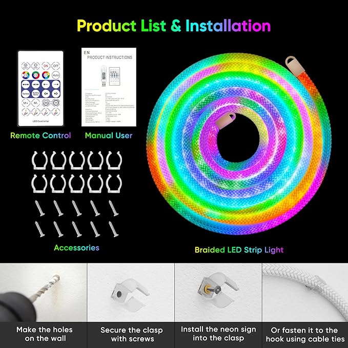 iNextStation 9.84FT/3M LED Strip Lights, 360° Glow Braided Smart IC USB Rope Light, Neon Rope Light with Music Sync, IP67 Waterproof, App & Remote Control Rope LED Lights, Color Changing for Bedroom