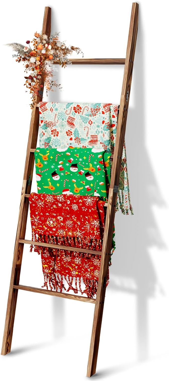 6-Tier Blanket Ladder Wooden, 5.7FT(66.5'') Blanket Quilt Towel Holder Rack Decorative Ladder, Easy Assembly, Rustic Farmhous
