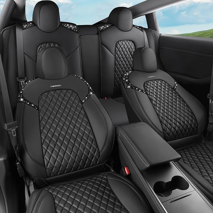 CAR PASS Car Seat Covers for Tesla Model 3 Nappa Leather Bling Diamond Car Seat Protector Full Coverage Airbag Compatible Cus