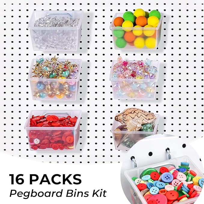 16 Set Clear Peg Board Bins and Baskets Pegboard Organizer Accessories with Hooks Pegboard Containers Wall Sticker Label and 