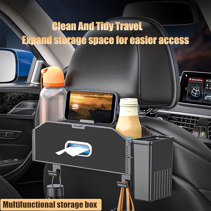 Back Seat Car Organizer,5 in 1 Multifunctional Car Backseat Storage Box with Trash Can Drink Cup Holder Tissue Box, for Hold Phone,Snacks, Drinks, Handbag-Black
