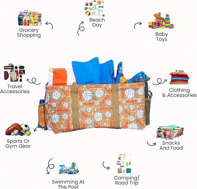 Extra Large Utility Tote Bag - Oversized Collapsible Reusable Wire Frame Rectangular Canvas Basket With Two Exterior Pockets For Beach, Pool, Laundry, Car Trunk, Storage - Volleyball