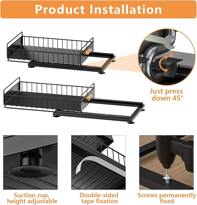 Under Sink Organizer, Single Tier Metal Pull Out Sliding Drawer Shelf for Kitchen Bathroom Cabinet Storage, Sturdy Rack – Bla