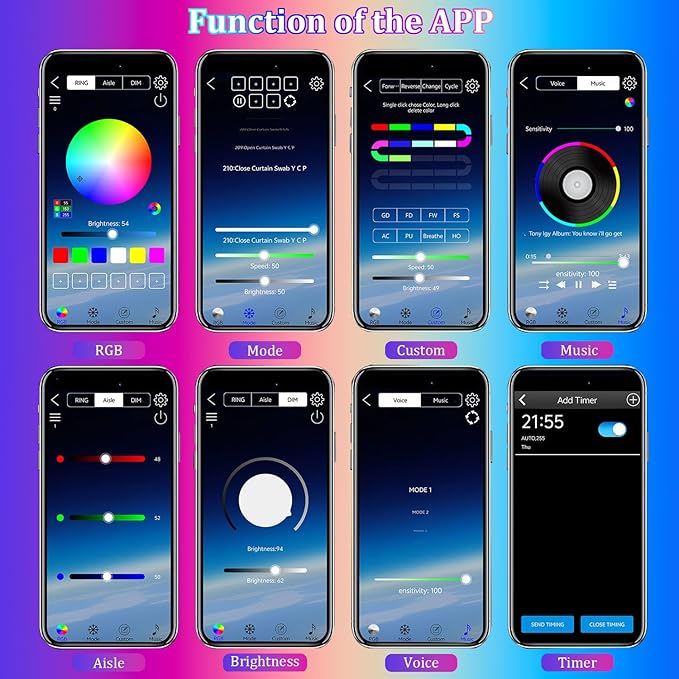 Interior Car LED Strip Lights with APP Control,RGB 210 Modes Neon Car Ambient Lighting,55in LED Strip Lights for Cars,Dynamic Chasing Music Sync Neon Car Ambient Lighting Kits