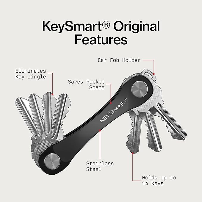 KeySmart Original Key Holder - Compact Key Organizer for Key Chain, Minimalist Clutter-Free EDC Keychains Key Ring, Black, 14