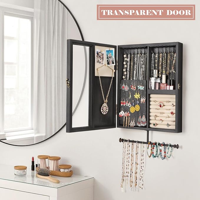 Keebofly Wall Mounted Jewelry Organizer With Rustic Wood Large Space Jewelry Cabinet, Holder, Storage Box for Necklaces, Earr