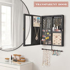 Keebofly Wall Mounted Jewelry Organizer With Rustic Wood Large Space Jewelry Cabinet, Holder, Storage Box for Necklaces, Earr