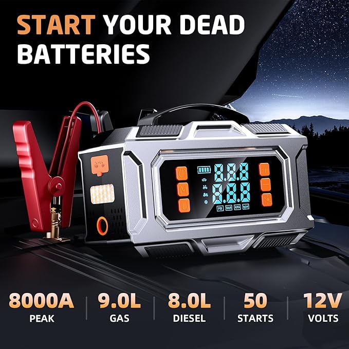 Jump Starter with Air Compressor 8000A Car Battery Jump Starter (9.0 Gas/8.0L Diesel) 180PSI Car Battery Jumper Starter