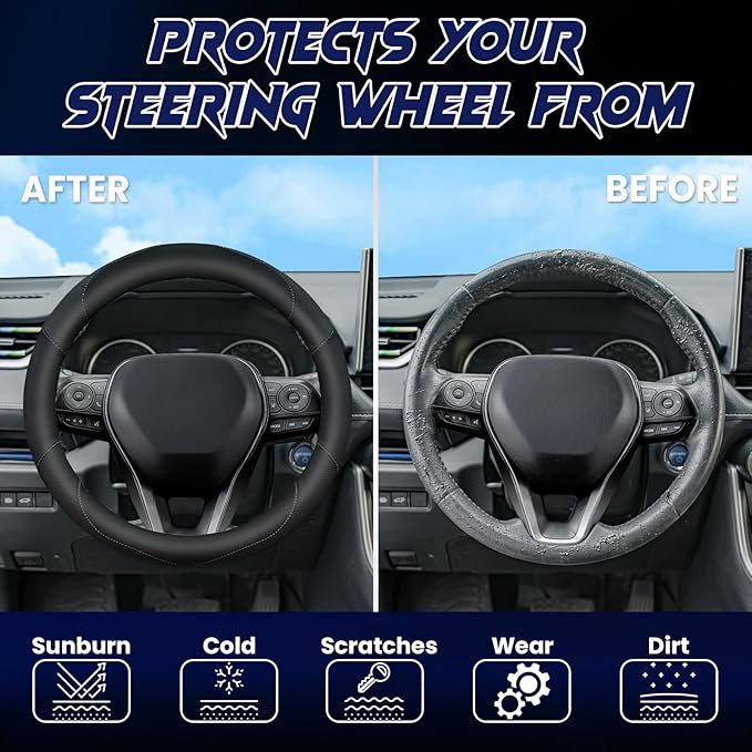 Soft Leather Steering Wheel Cover with Breathable Design and Anti-Slip Grip, Fully Compatible with Tesla, Toyota, Honda, Niss